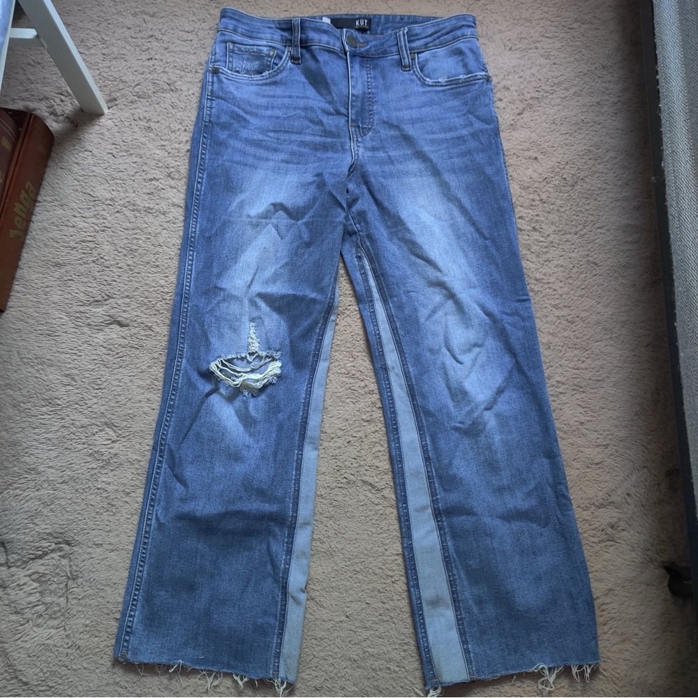 Kut from the Kloth Kelsey High Rise Ankle Flare Jeans 8 Two Tone Blue Ripped Hem